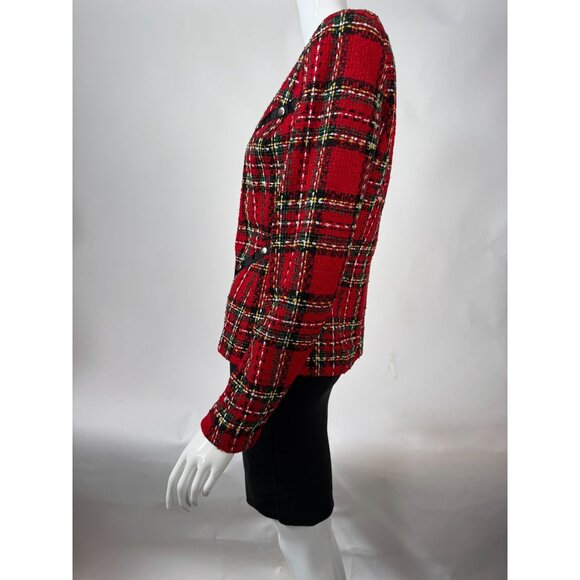 Conrad C Collection Womens Red Plaid Tweed Blazer Jacket Size 6 Silk Blend - Picture 3 of 16